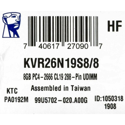 Память Kingston 8GB DDR4 2666MHz KVR26N19S8/8 {PC4-21300,CL19}